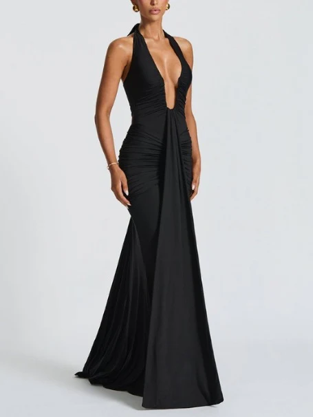 Halter Neck Deep V-neck Fitted Waist Long Dress Sexy Backless Ribbon Fishtail Long Dress - Image 14