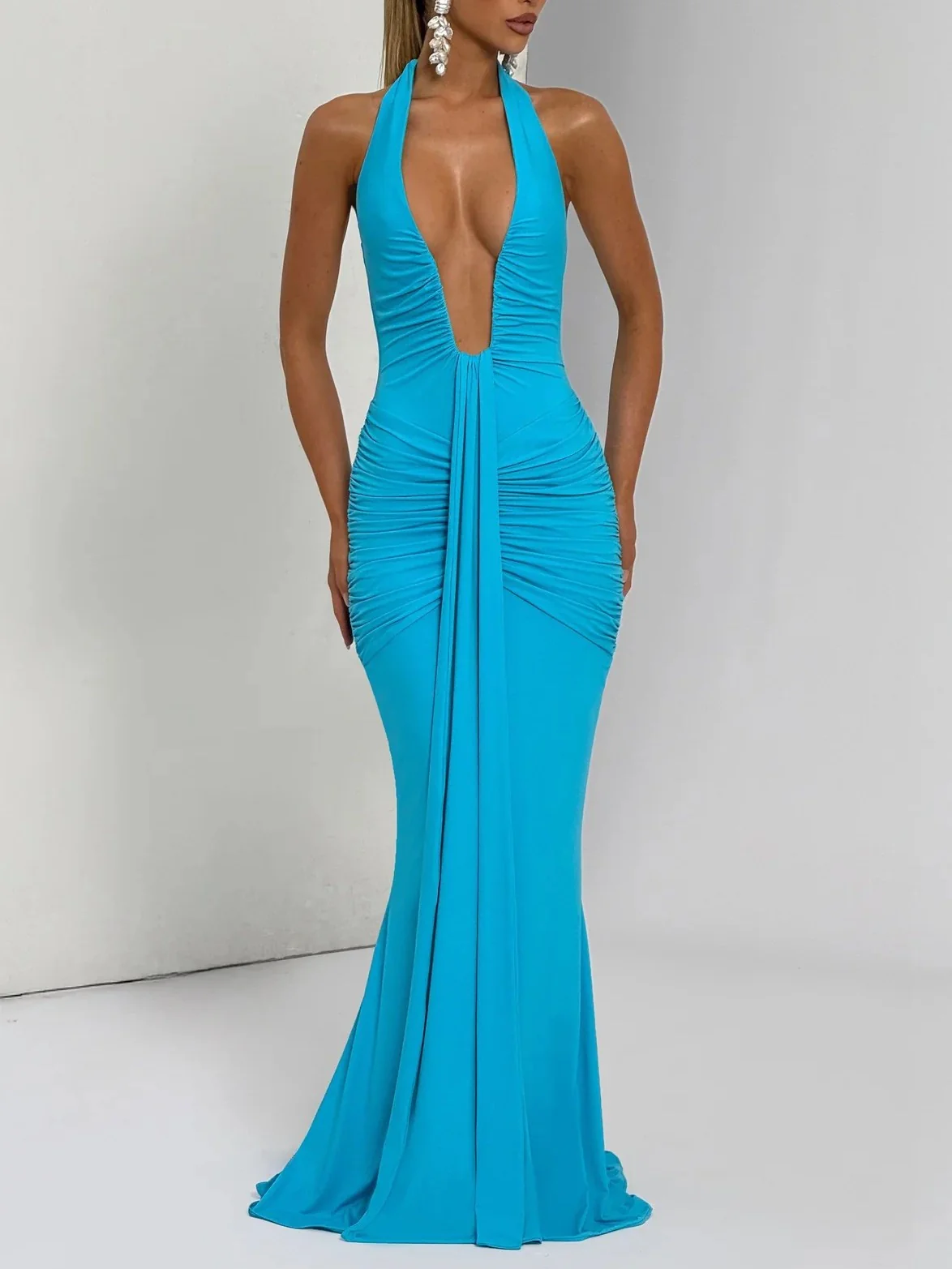 Halter Neck Deep V-neck Fitted Waist Long Dress Sexy Backless Ribbon Fishtail Long Dress - Image 18
