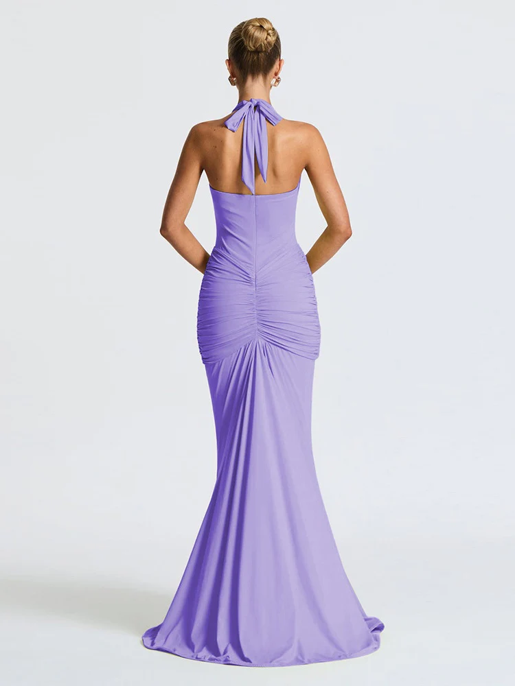 Halter Neck Deep V-neck Fitted Waist Long Dress Sexy Backless Ribbon Fishtail Long Dress - Image 7