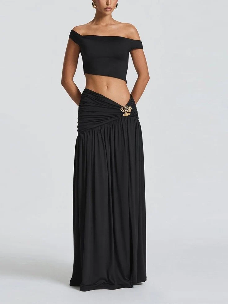 Off-shoulder Crop Top Tank Top And Fitted Side Slit Skirt Two-piece Set - Image 10