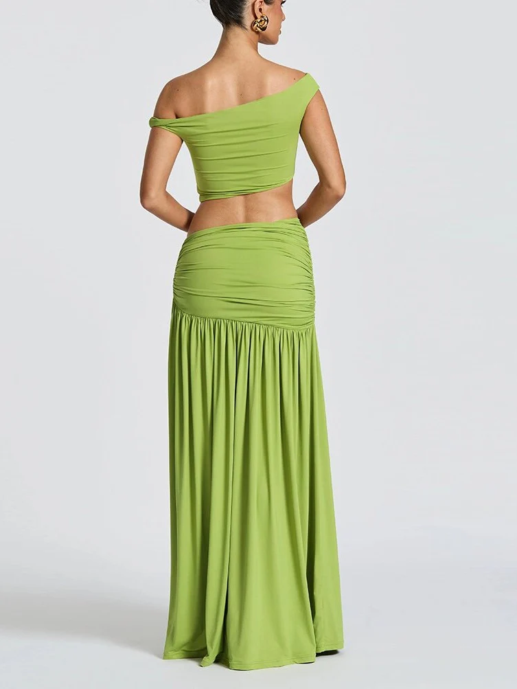 Off-shoulder Crop Top Tank Top And Fitted Side Slit Skirt Two-piece Set - Image 12