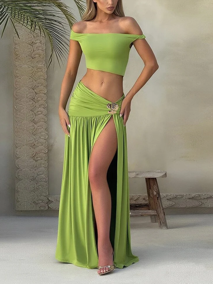 Off-shoulder Crop Top Tank Top And Fitted Side Slit Skirt Two-piece Set - Image 13