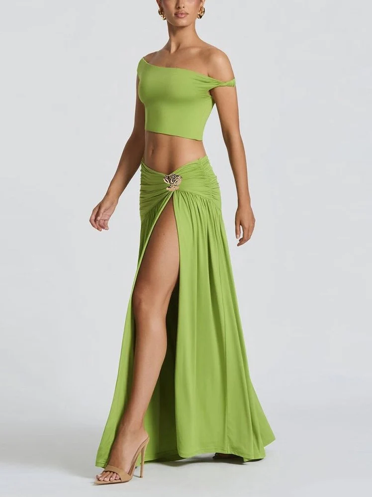 Off-shoulder Crop Top Tank Top And Fitted Side Slit Skirt Two-piece Set - Image 14