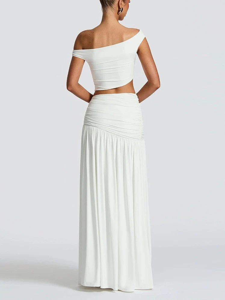 Off-shoulder Crop Top Tank Top And Fitted Side Slit Skirt Two-piece Set - Image 3