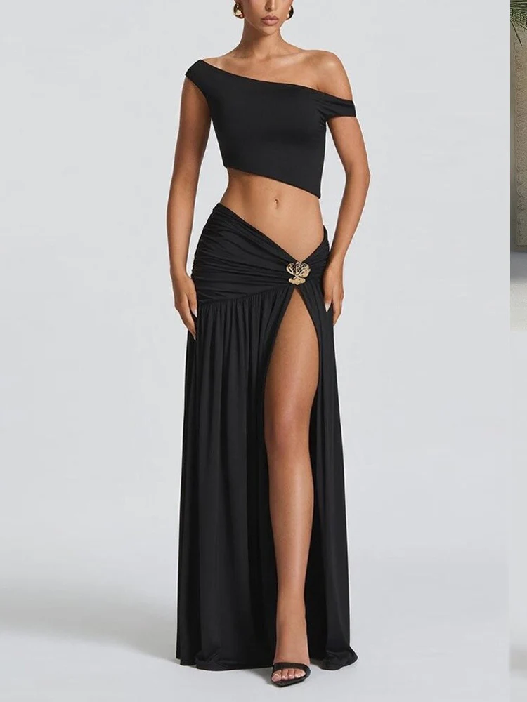 Off-shoulder Crop Top Tank Top And Fitted Side Slit Skirt Two-piece Set - Image 6