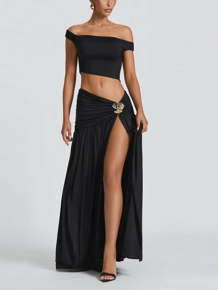 Off-shoulder Crop Top Tank Top And Fitted Side Slit Skirt Two-piece Set - Image 8