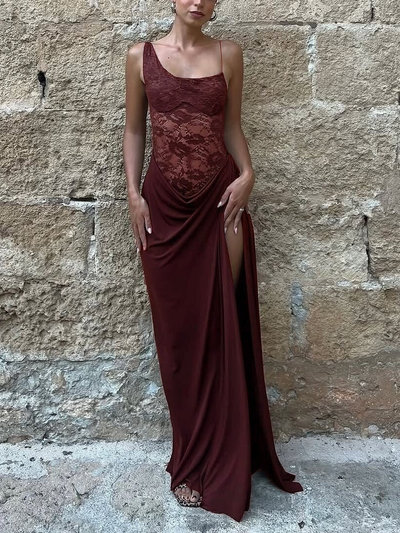 Spaghetti Strap Lace Patchwork Long Dress - Image 12