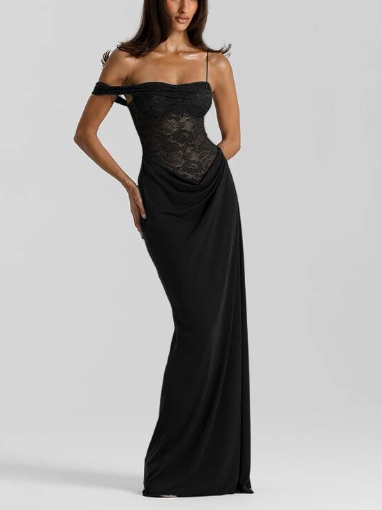 Spaghetti Strap Lace Patchwork Long Dress - Image 14