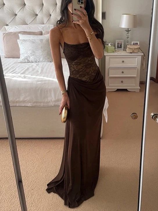 Spaghetti Strap Lace Patchwork Long Dress - Image 5