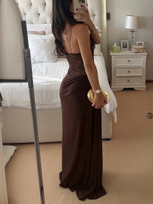 Spaghetti Strap Lace Patchwork Long Dress - Image 6