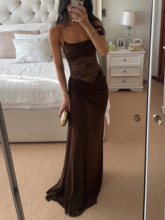 Spaghetti Strap Lace Patchwork Long Dress - Image 7