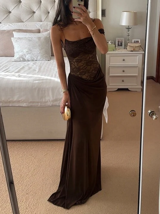 Spaghetti Strap Lace Patchwork Long Dress - Image 9