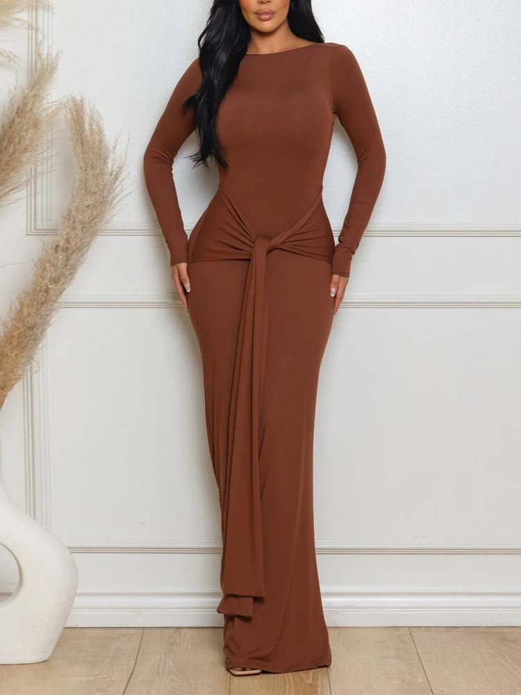 Kink Solid Color Waist-cinching Backless Long Dress - Image 5