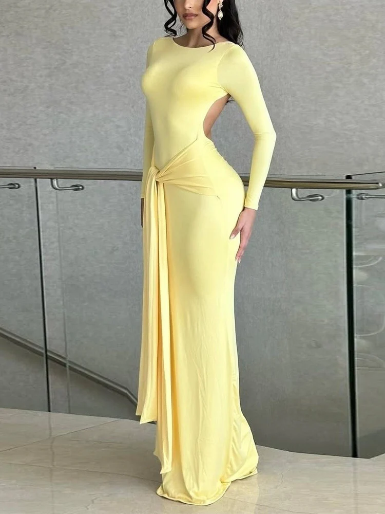 Kink Solid Color Waist-cinching Backless Long Dress - Image 7