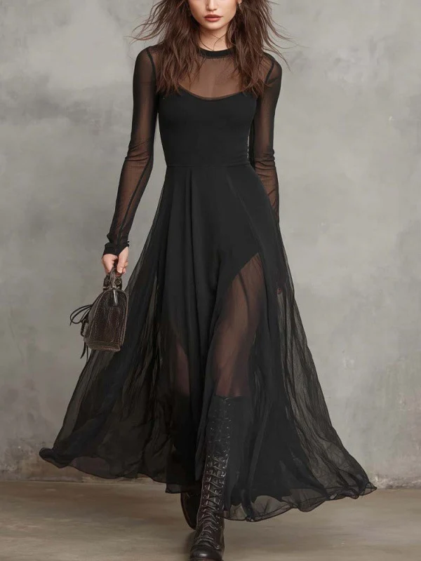 Splicing Solid Color Patchwork Long-sleeved Fishtail Maxi Dresses