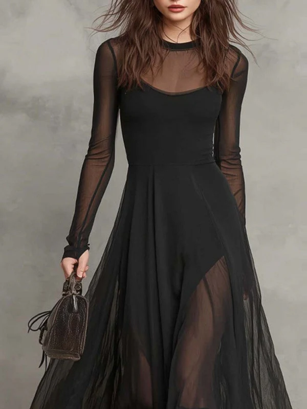 Splicing Solid Color Patchwork Long-sleeved Fishtail Maxi Dresses - Image 2