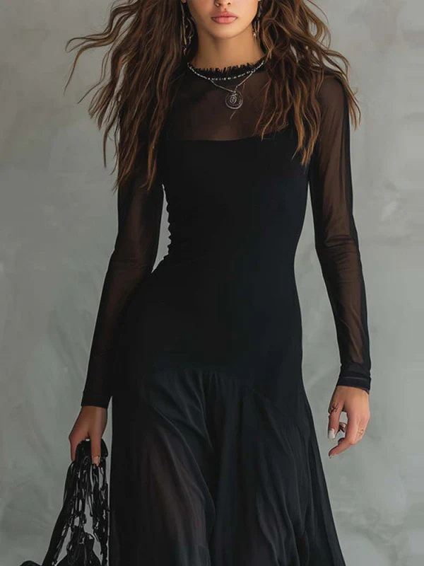 Splicing Solid Color Patchwork Long-sleeved Fishtail Maxi Dresses - Image 3