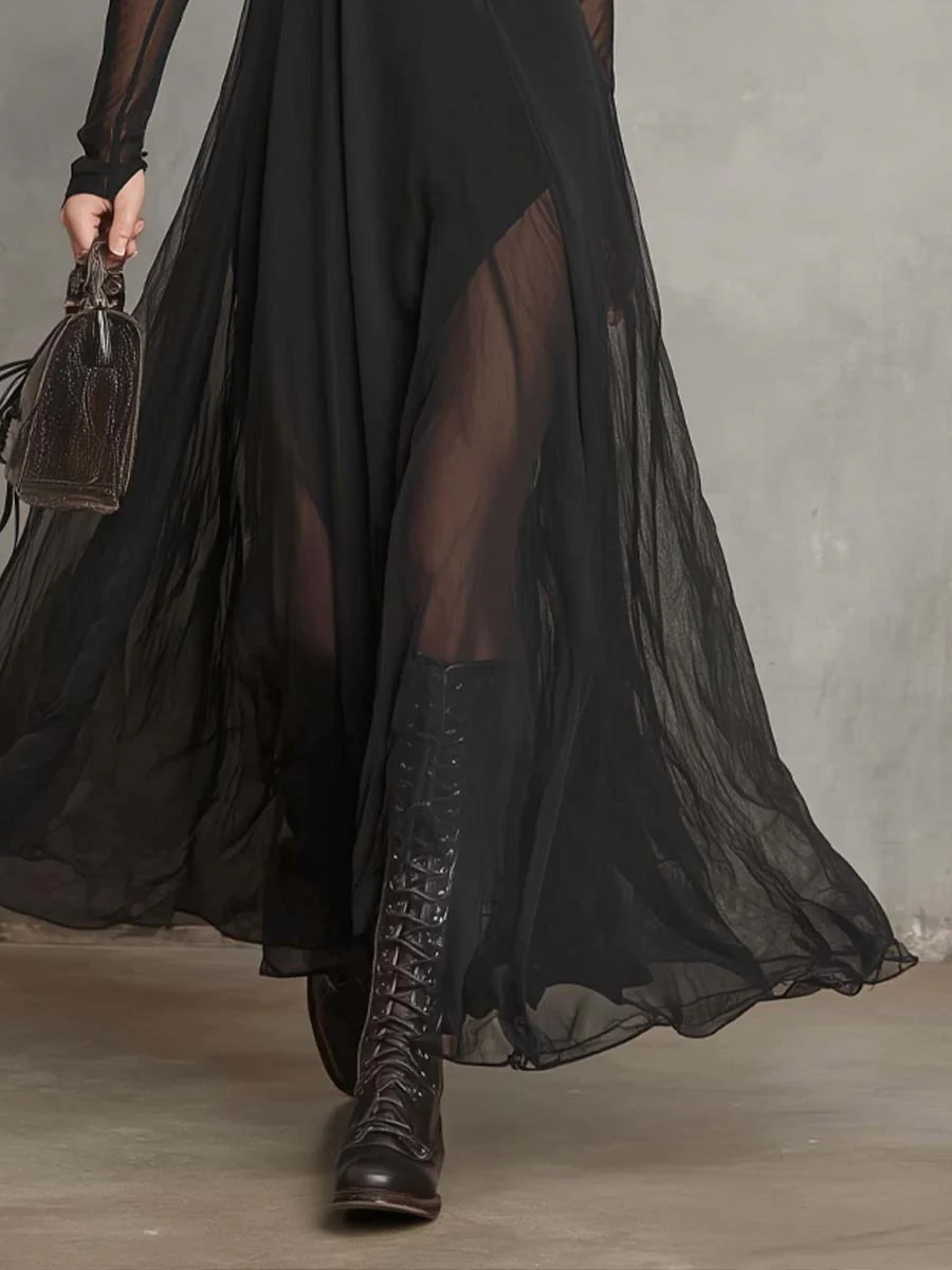 Splicing Solid Color Patchwork Long-sleeved Fishtail Maxi Dresses - Image 4