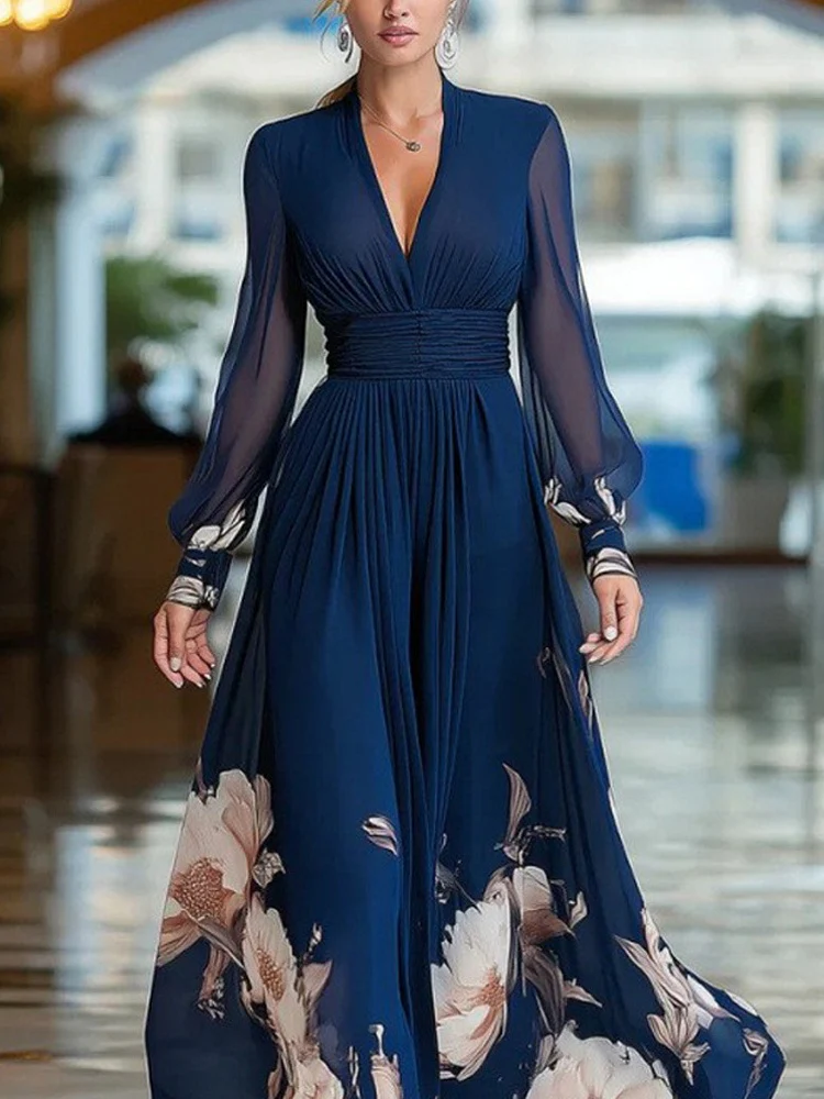 Mesh-paneled Fitted Floral Print Long Dress - Image 2