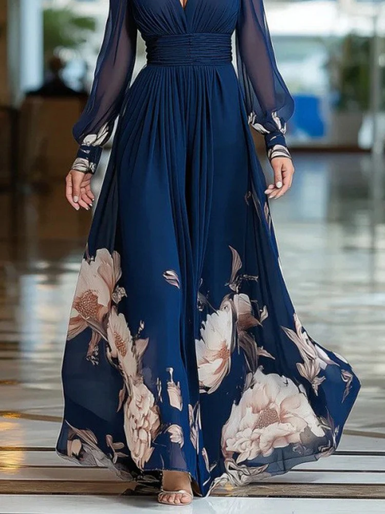Mesh-paneled Fitted Floral Print Long Dress - Image 3