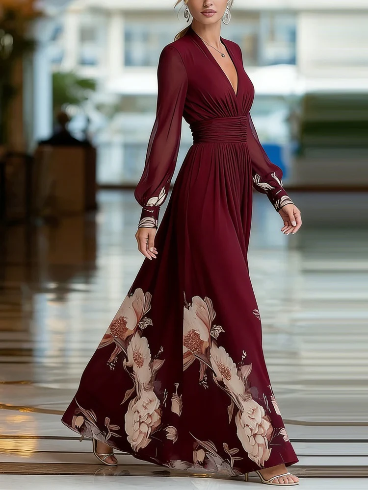 Mesh-paneled Fitted Floral Print Long Dress - Image 4