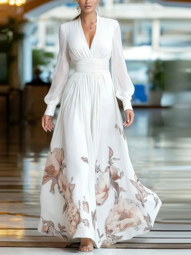 Mesh-paneled Fitted Floral Print Long Dress - Image 5