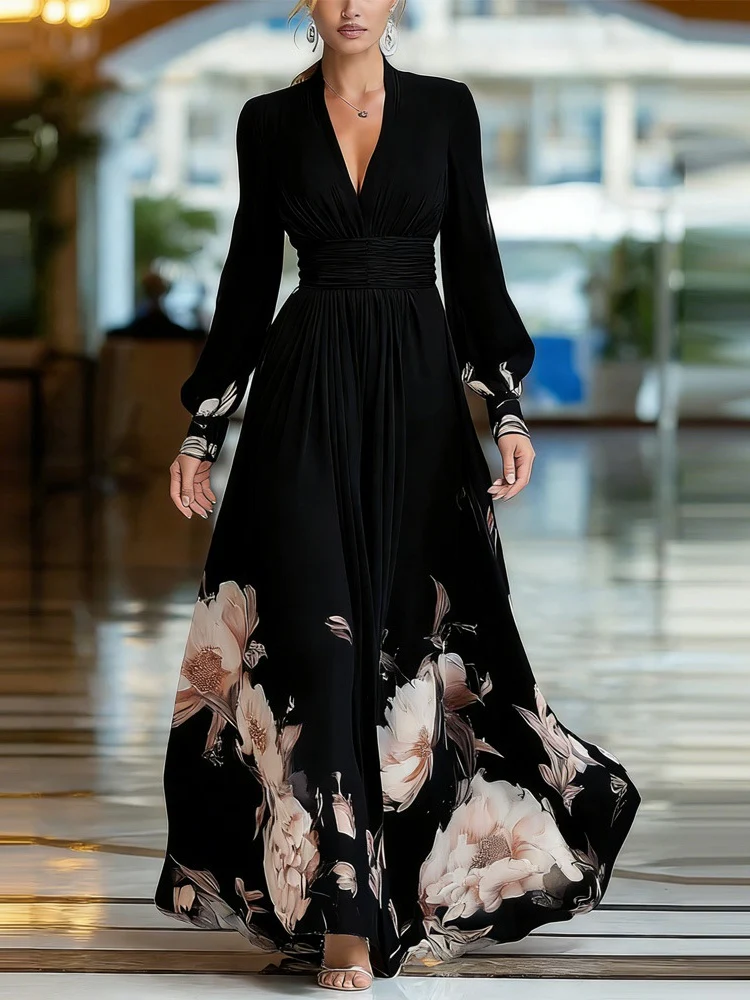 Mesh-paneled Fitted Floral Print Long Dress - Image 6