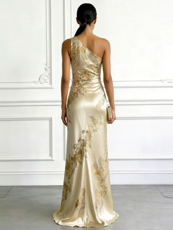 Off-shoulder, One-neck Floral Print Satin Long Dress - Image 2