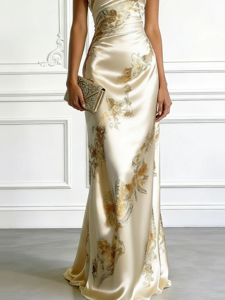 Off-shoulder, One-neck Floral Print Satin Long Dress - Image 5