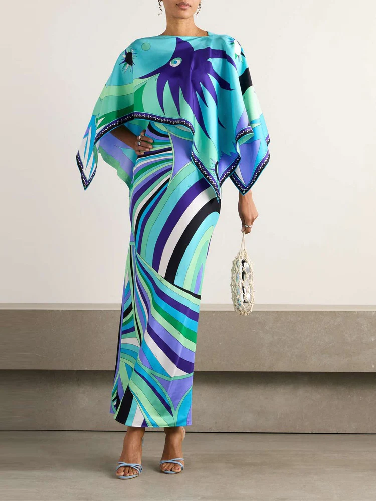Abstract Irregular Print Shawl Dress Two-piece Set - Image 9