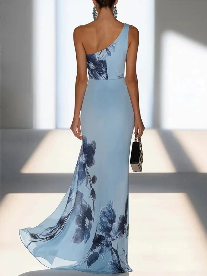 Blue Floral Print One-shoulder Long Dress - Image 2