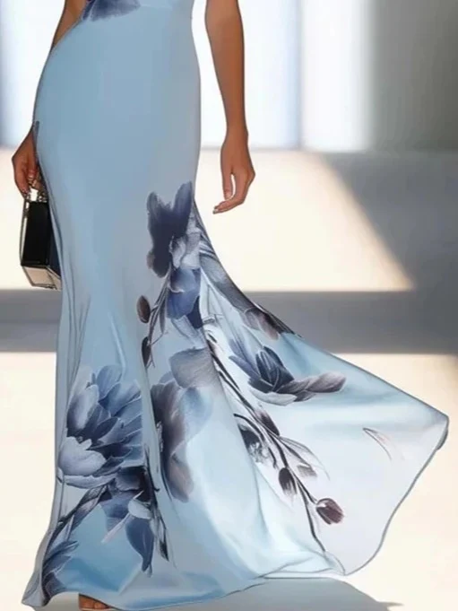 Blue Floral Print One-shoulder Long Dress - Image 5