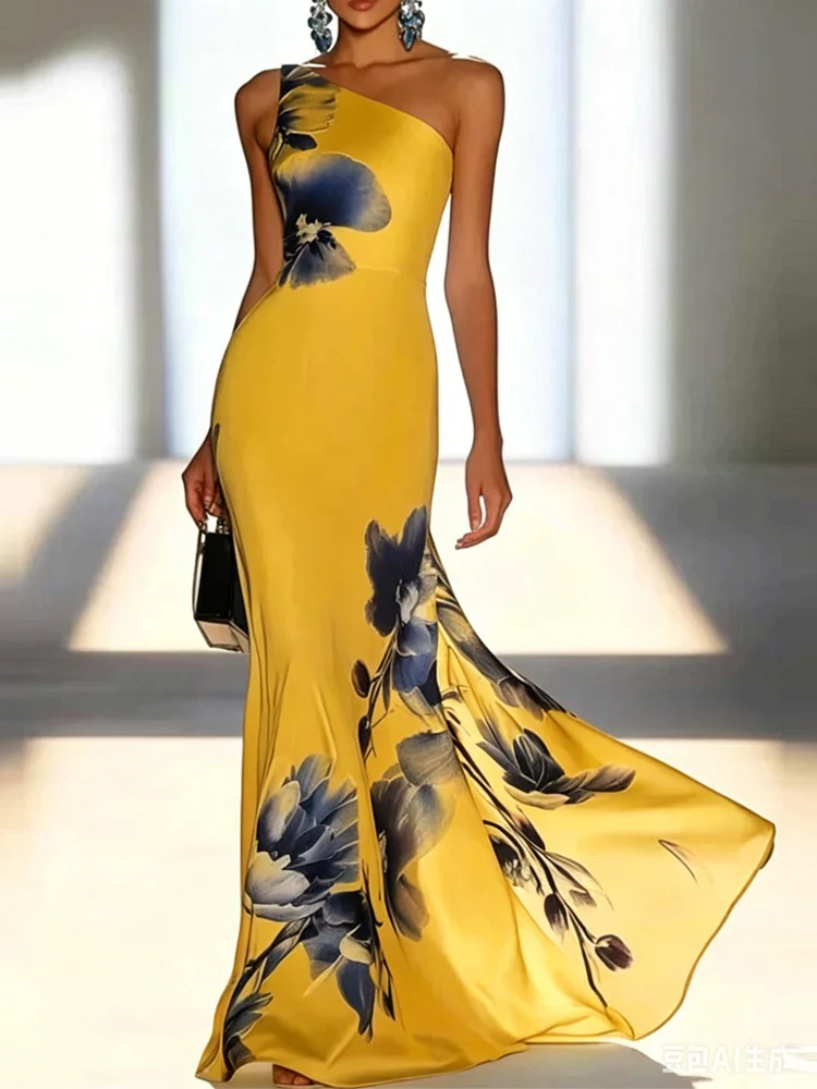 Blue Floral Print One-shoulder Long Dress - Image 6