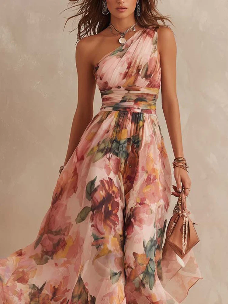 Off-shoulder Sleeveless Floral Print Maxi Dresses - Image 2