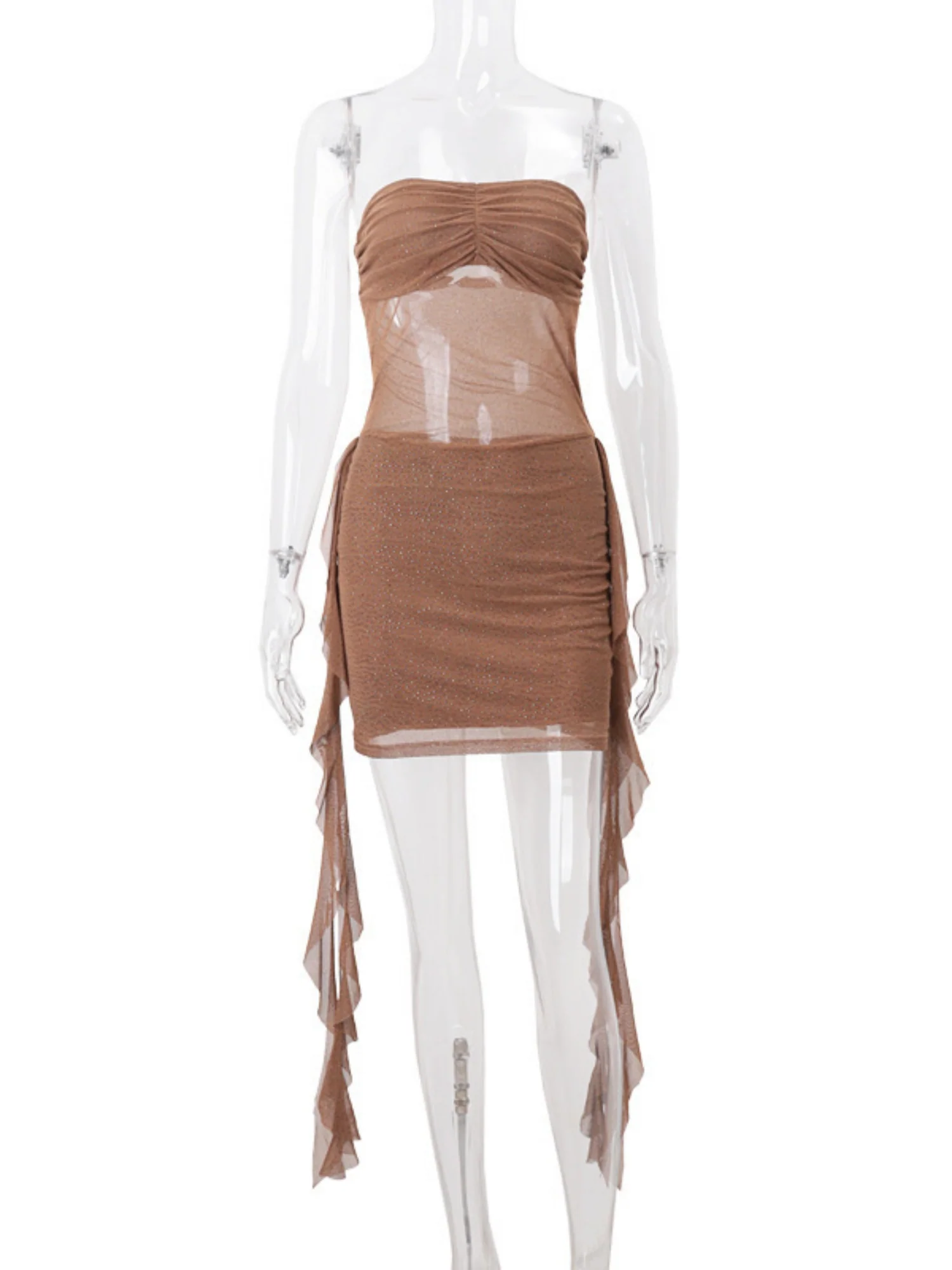 Rhinestone-studded Mesh See-through Strapless Ribbon Hip Wrap Mini&Short Dresses - Image 5