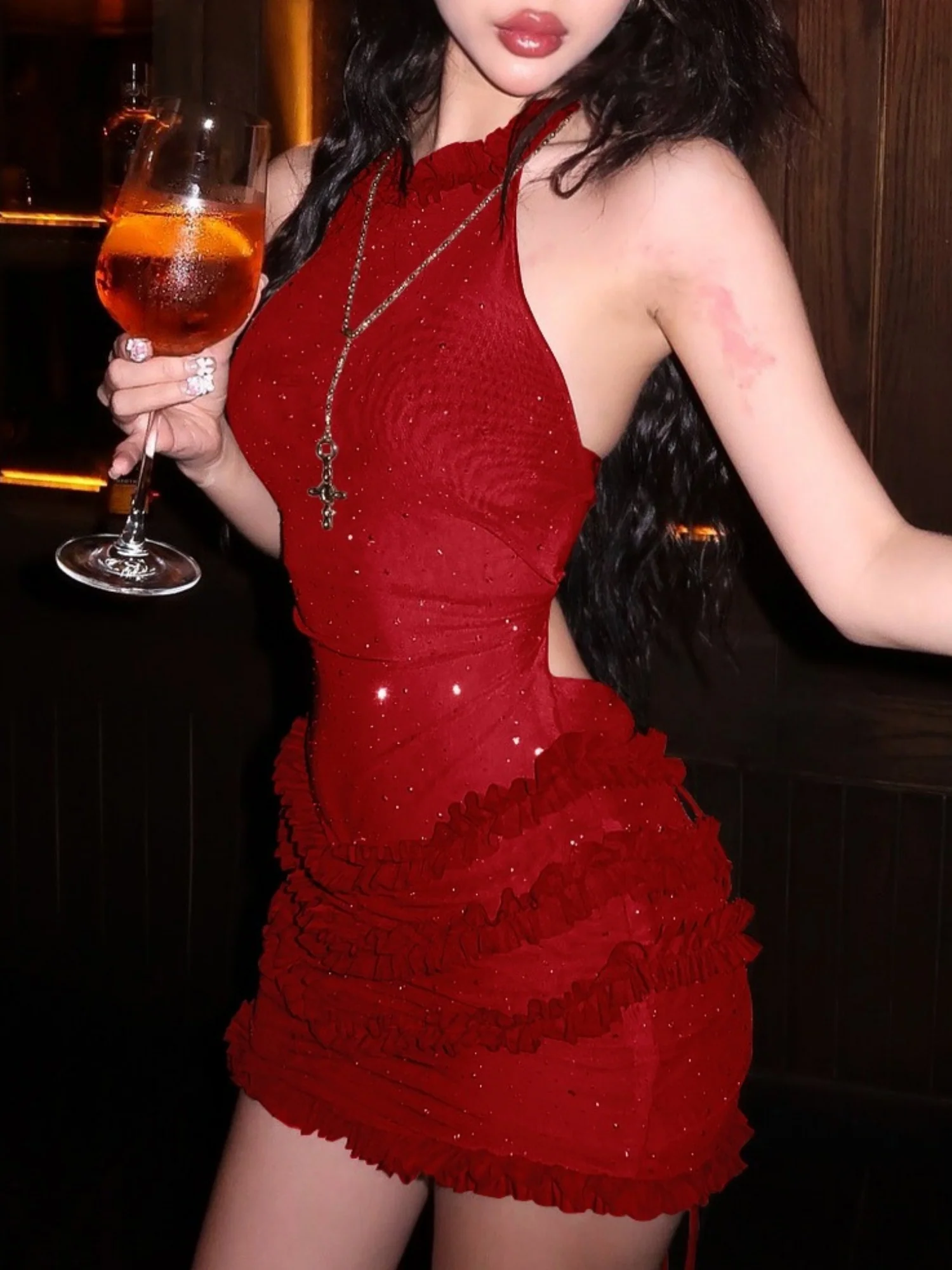 Sequins Mesh See-through Halter Neck And Backless Hip Wrap Mini&Short Dresses - Image 7