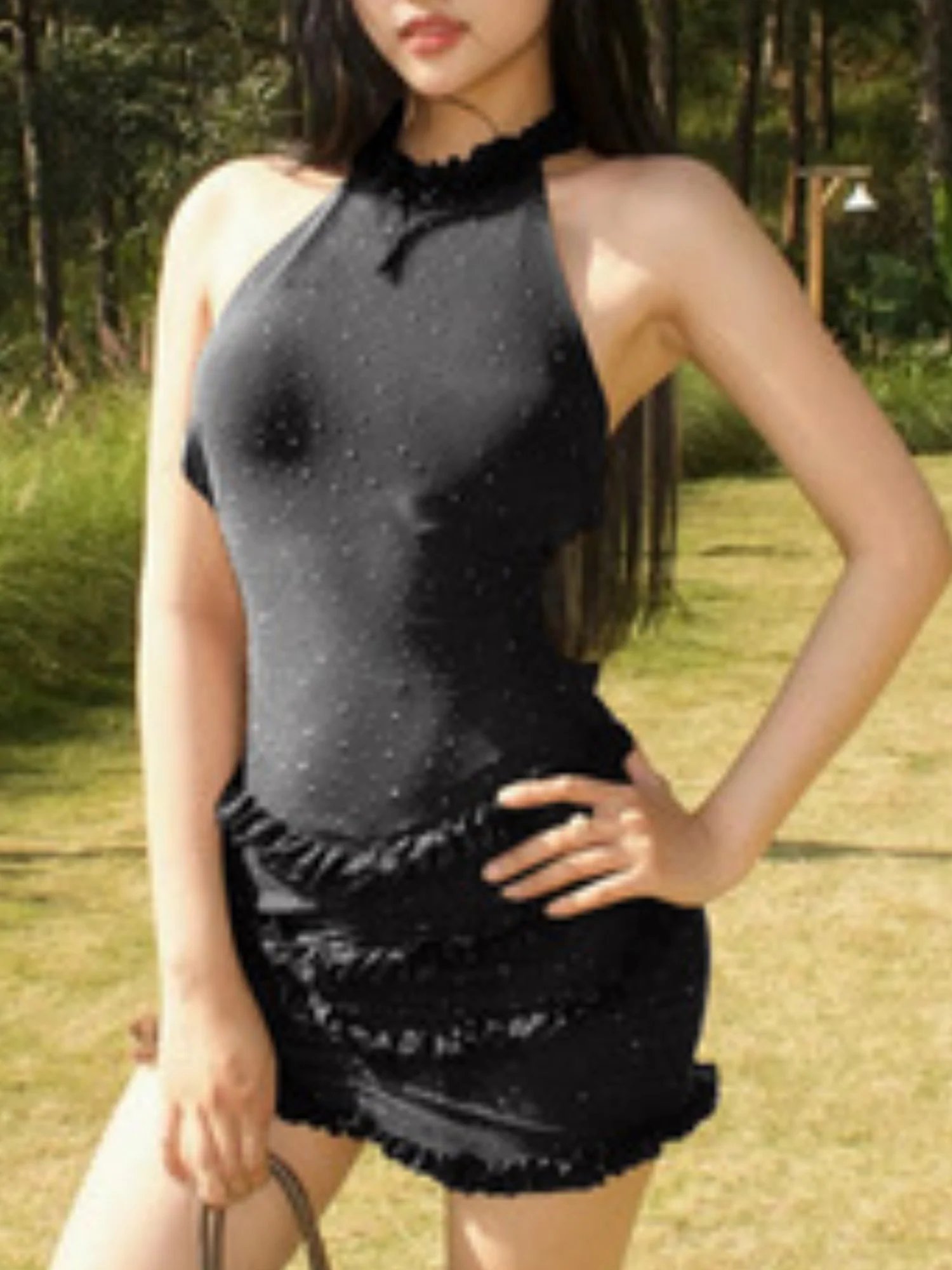 Sequins Mesh See-through Halter Neck And Backless Hip Wrap Mini&Short Dresses - Image 8
