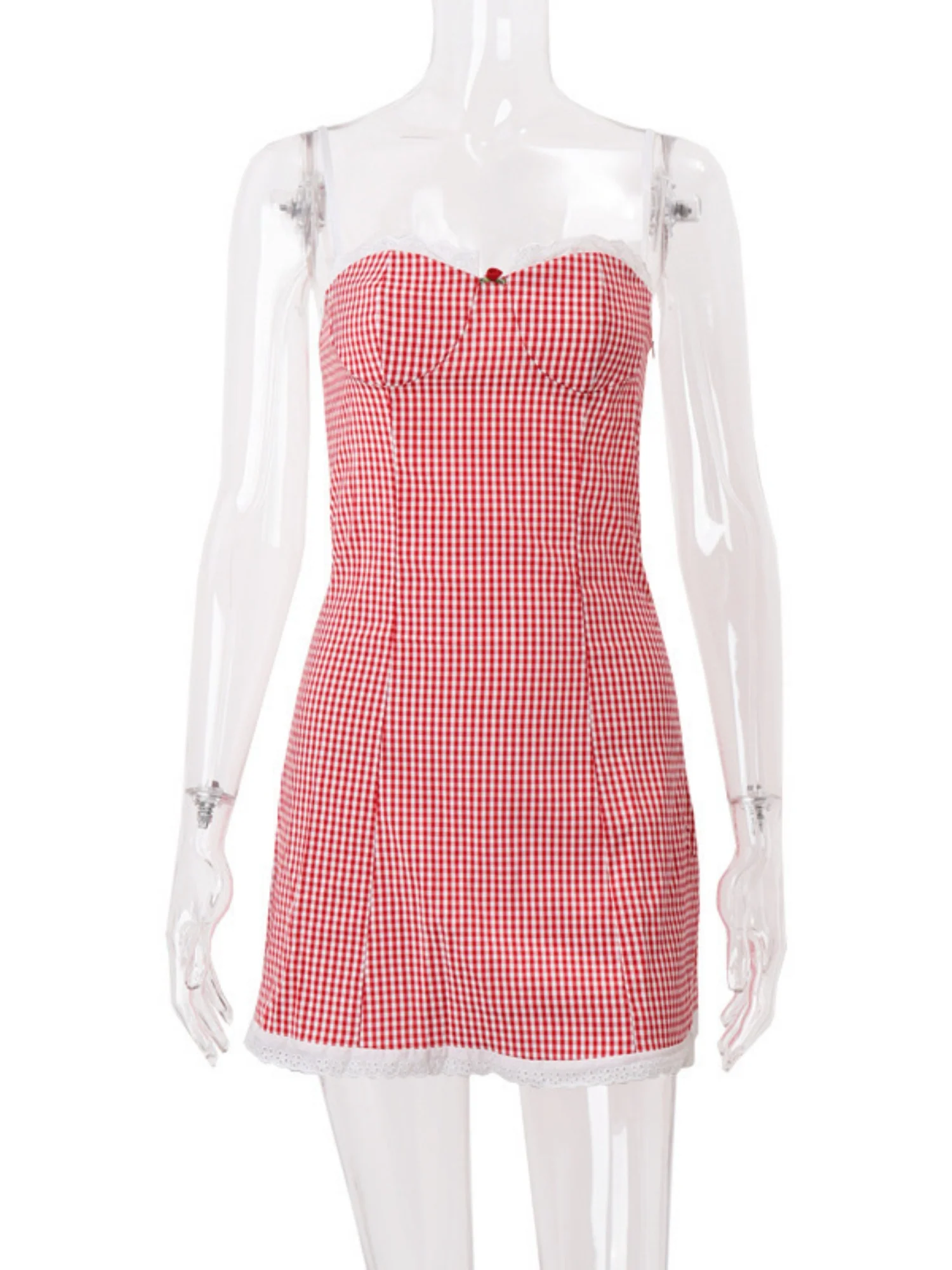 Plaid Lace Trim Camisoles Slim-fit Mini&Short Dresses - Image 5