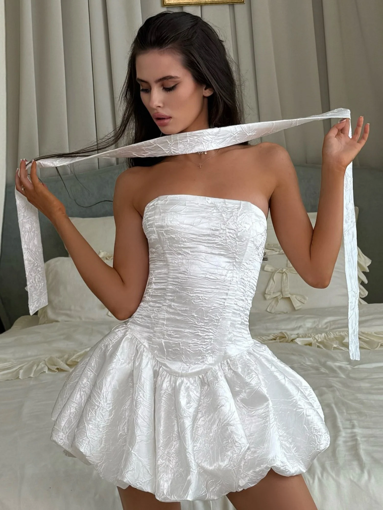 Ribbon Pleated Strapless Waist Shaping Mini&Short Dresses - Image 3