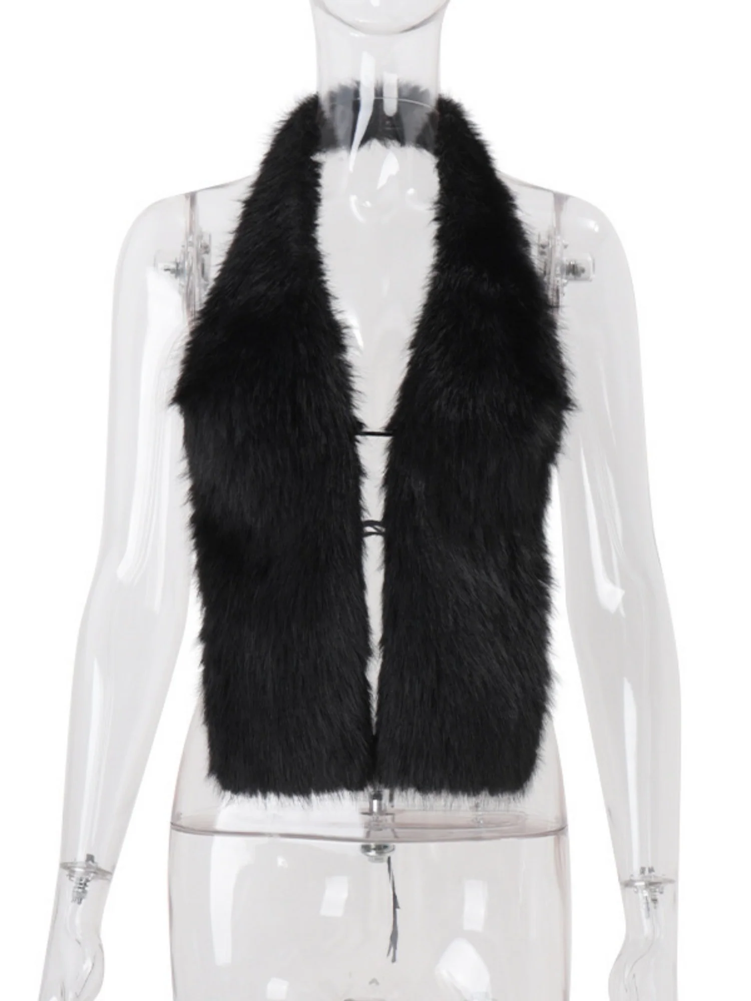 Plush Patchwork Neckband Backless Tank Tops - Image 5