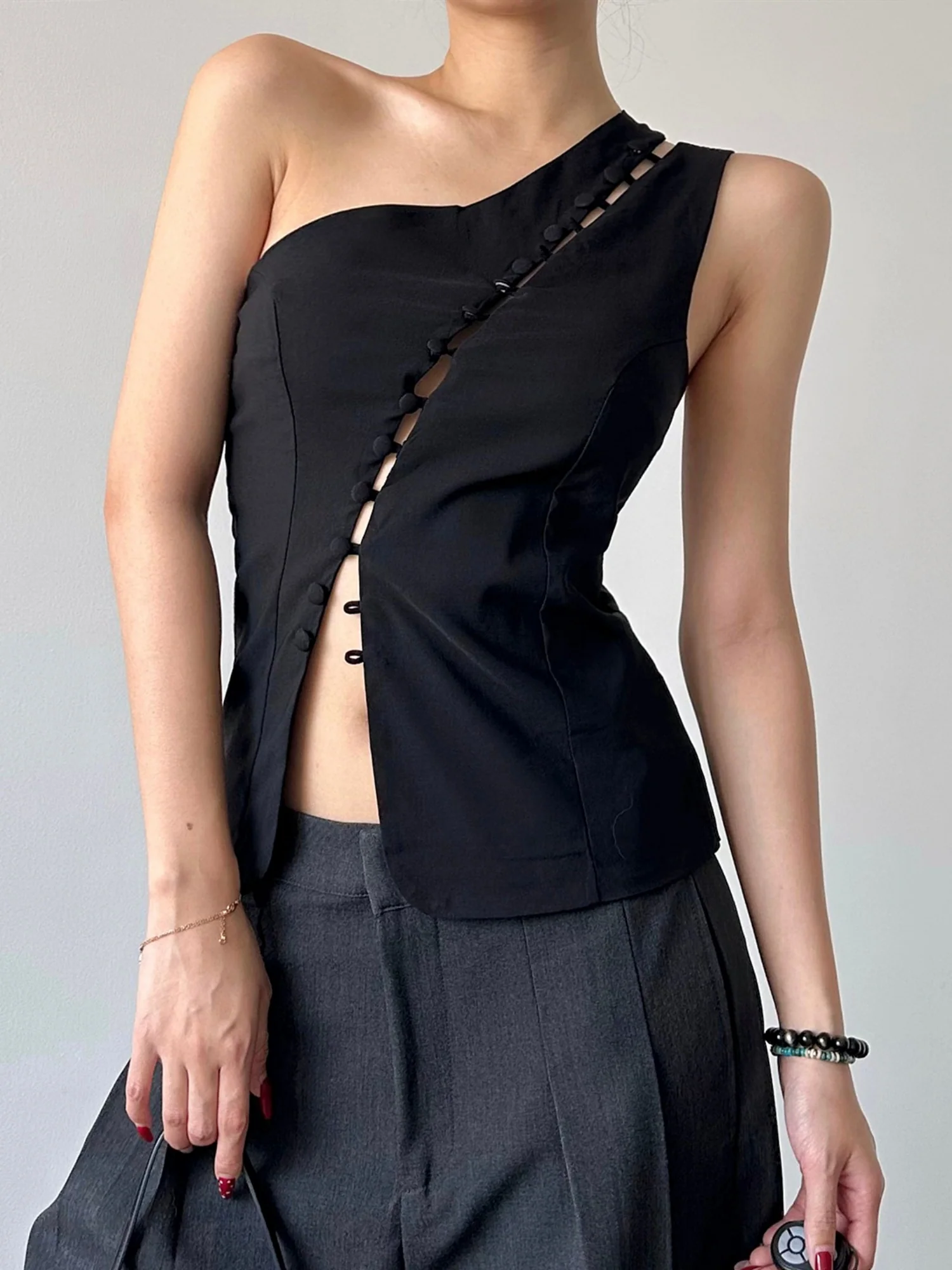 Hollow Out Asymmetrical Collar Buttons Tank Tops - Image 4
