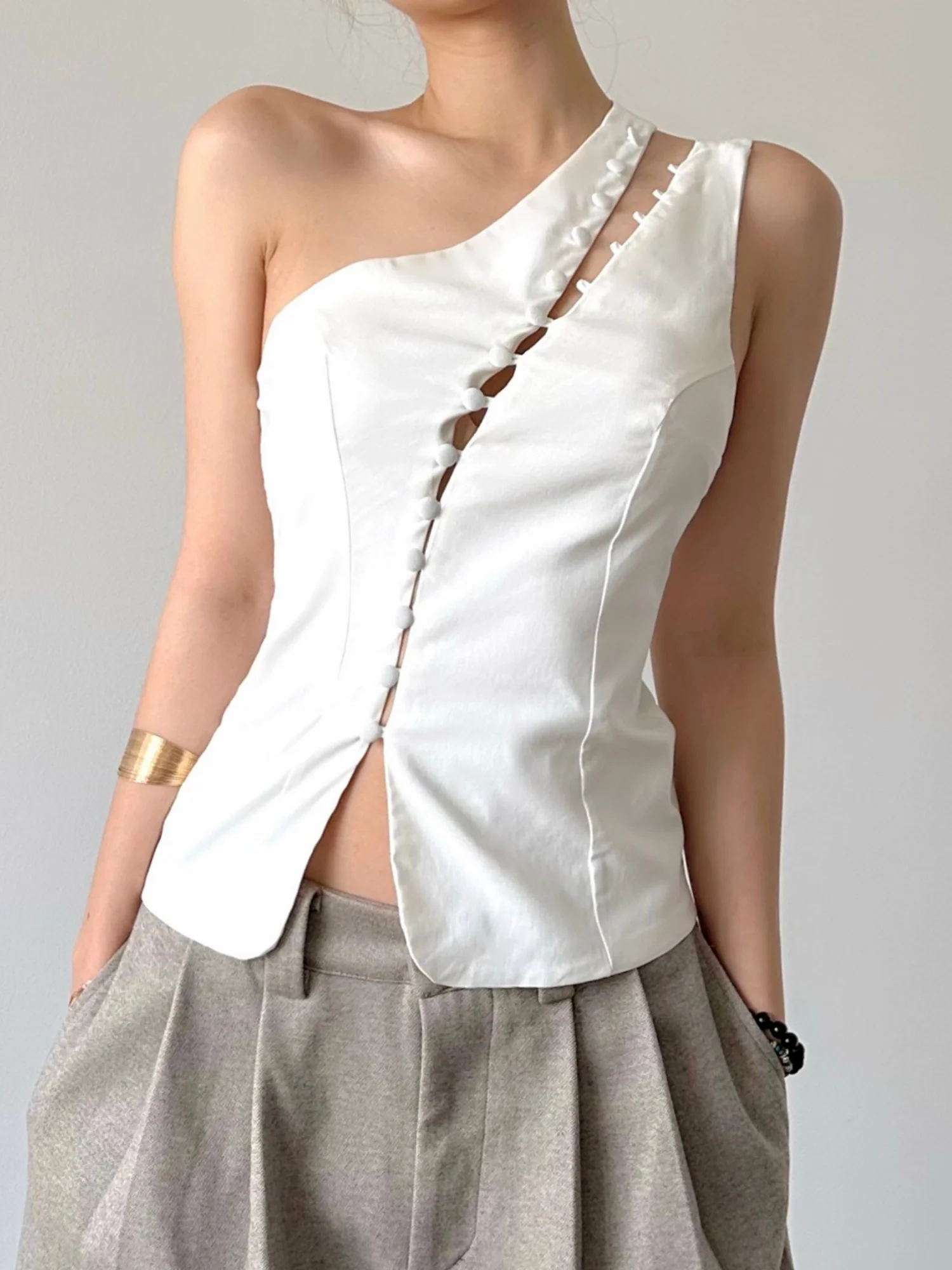 Hollow Out Asymmetrical Collar Buttons Tank Tops - Image 5