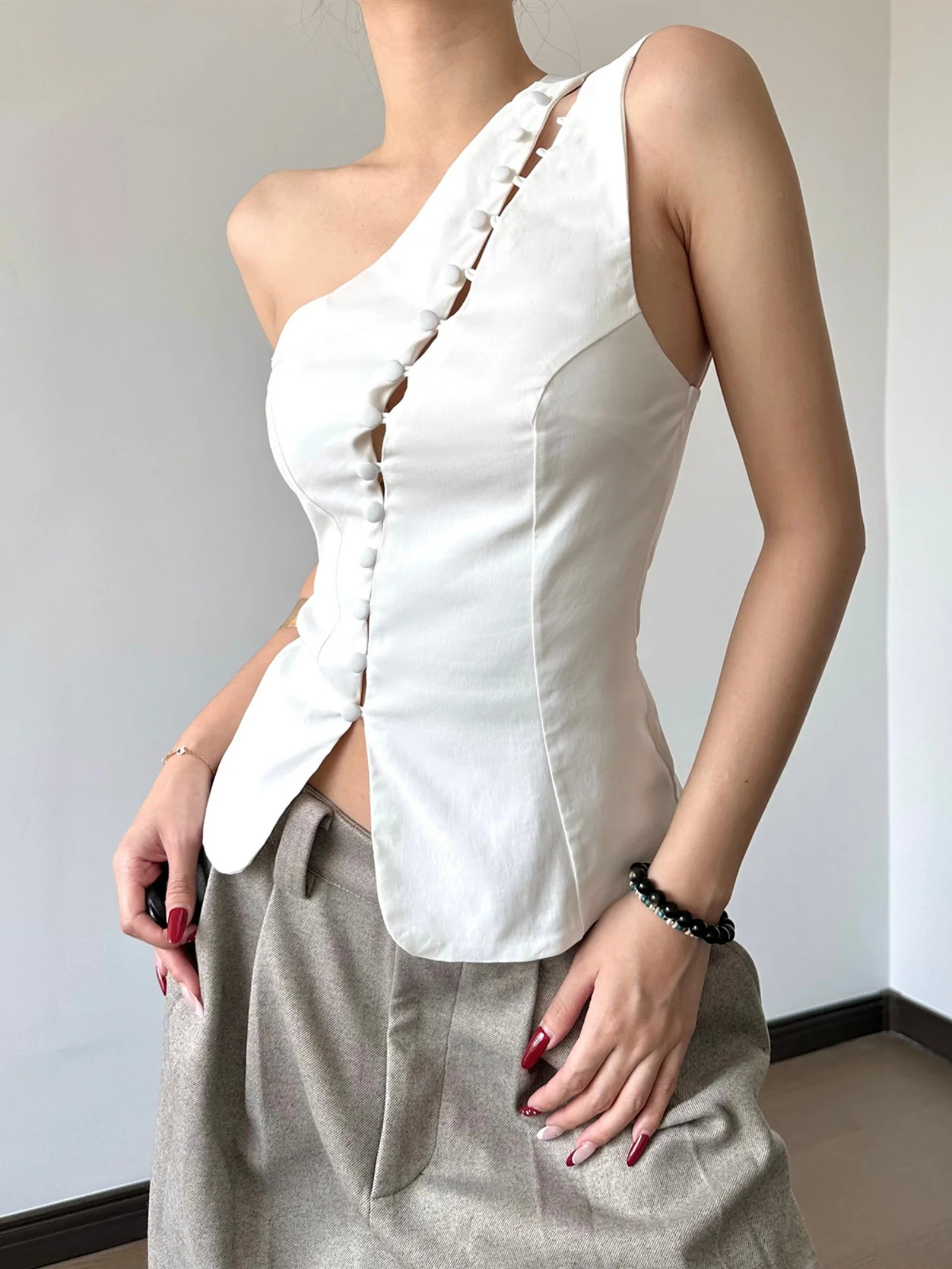 Hollow Out Asymmetrical Collar Buttons Tank Tops - Image 6