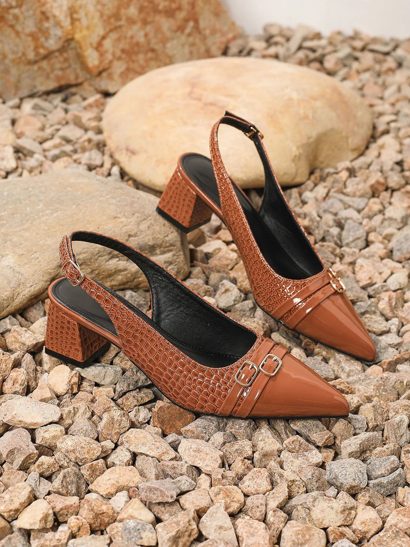 Pointed-toe Embossed Patchwork Open-back High Heels - Image 14