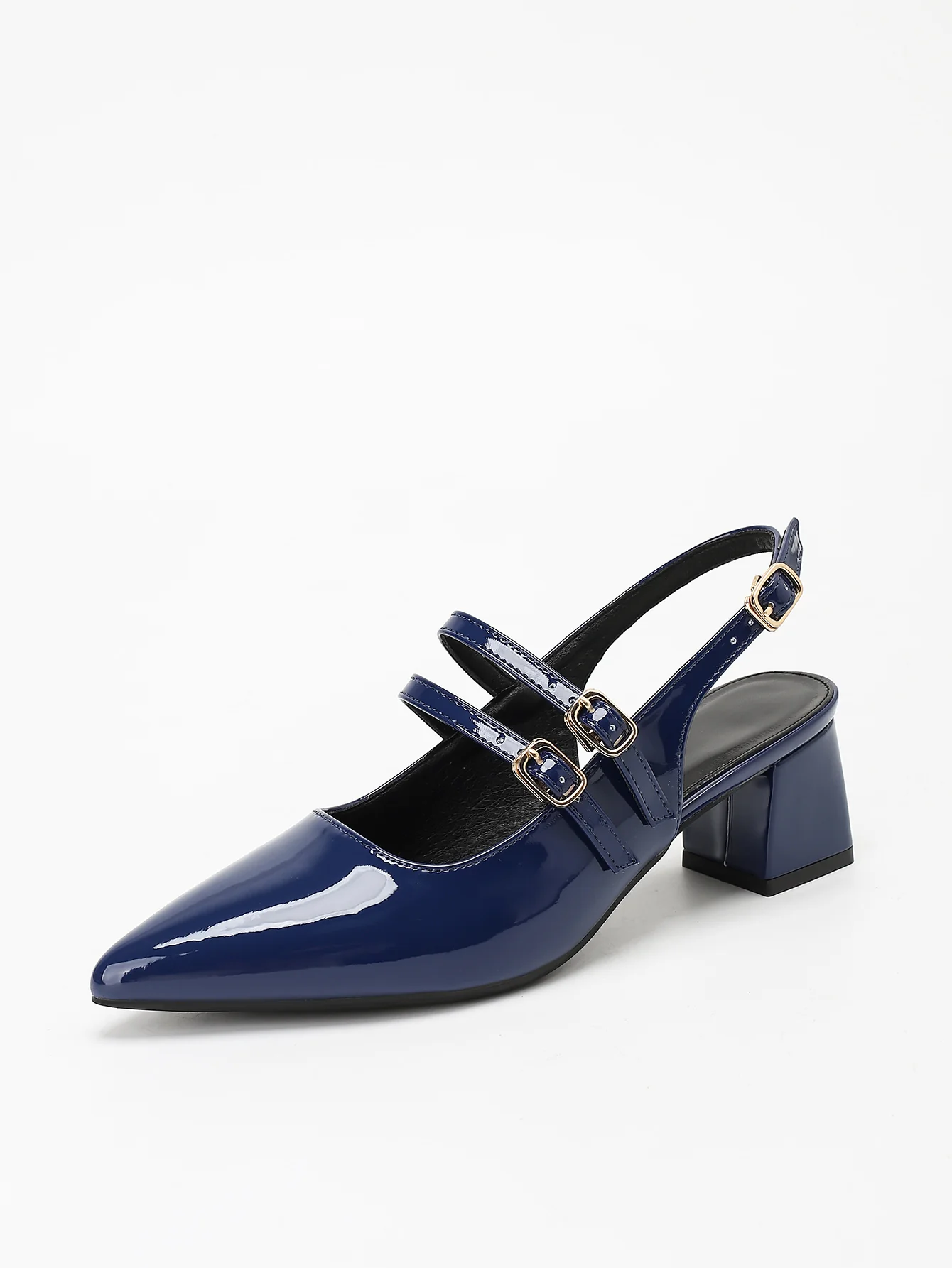 Metal Buckle Pointed Toe Open Back Chunky Heel Mary Jane Shoes - Image 15