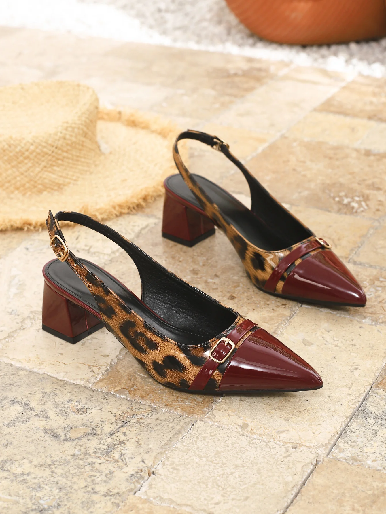 Leopard Print Patchwork Pointed Toe Cutout Chunky Heel High Heels - Image 13