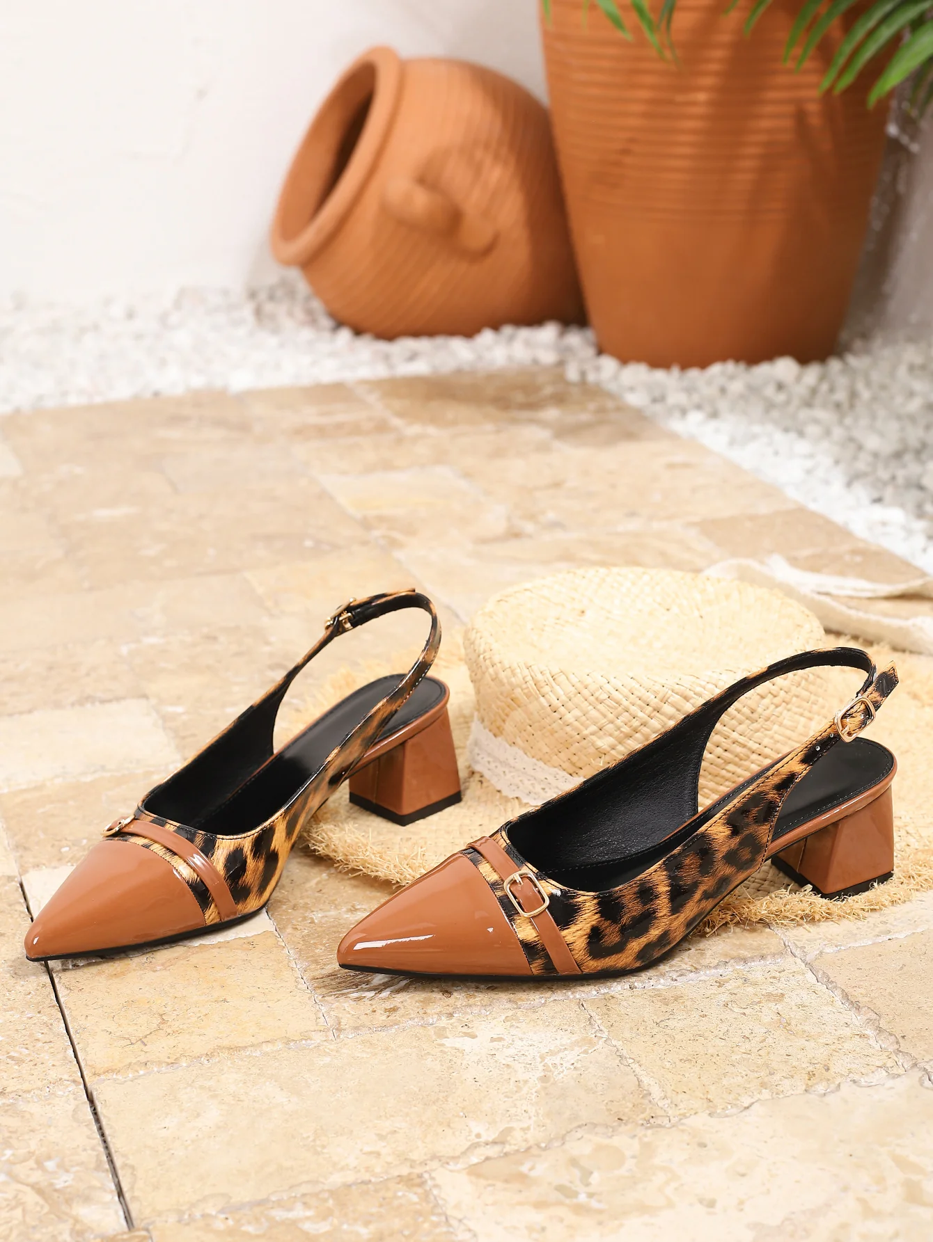 Leopard Print Patchwork Pointed Toe Cutout Chunky Heel High Heels - Image 9
