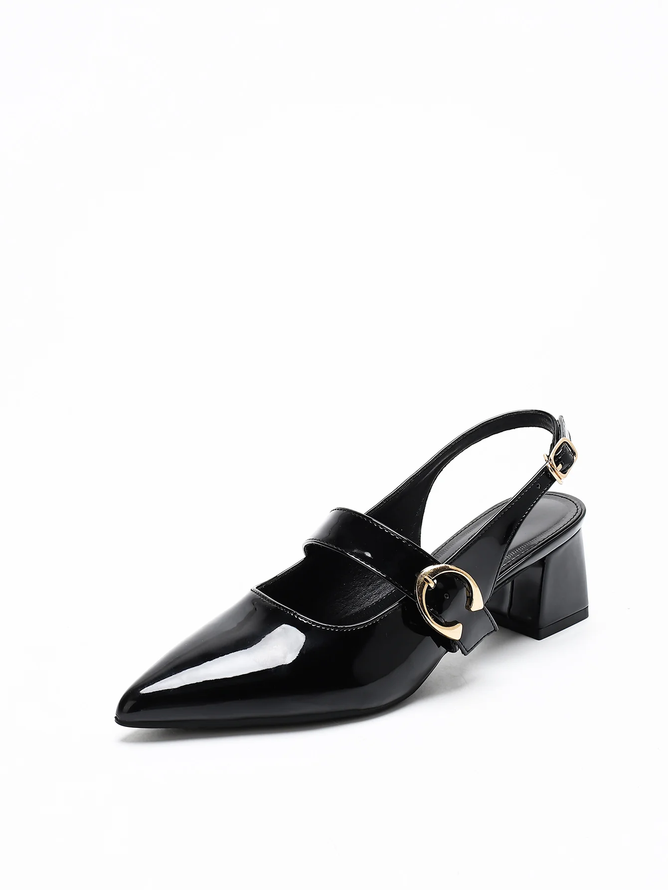 Metal Buckle Pointed Toe Open Back Chunky Heel Mary Jane Shoes - Image 11