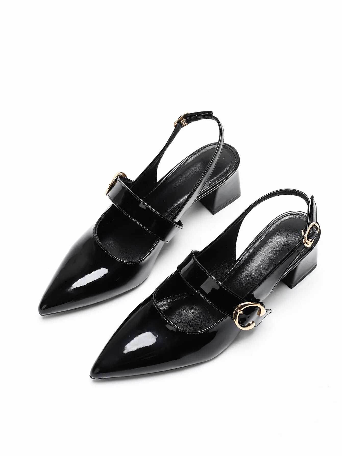 Metal Buckle Pointed Toe Open Back Chunky Heel Mary Jane Shoes - Image 12