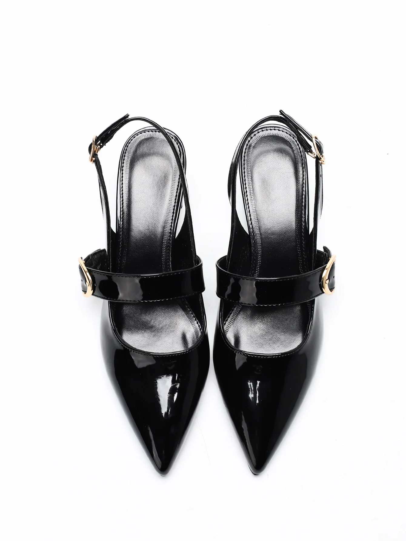 Metal Buckle Pointed Toe Open Back Chunky Heel Mary Jane Shoes - Image 13